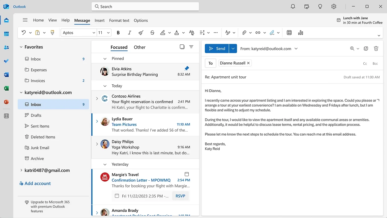 Nieuw Microsoft Outlook voor Windows — inbox met Focused inbox, e-maillijst en berichtweergave